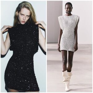 ZARA ~ ✨BLOGGERS FAV ✨ SEQUIN Mini DRESS with SHOULDER PADS in Black
